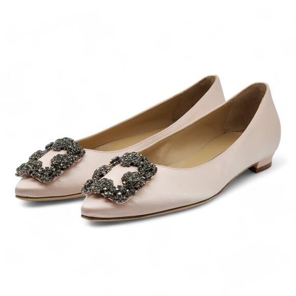 Manolo Blahnik Hangisiflat Jewel Buckle Flat Pumps - Satin - Light Pink 35 $1095 - Picture 1 of 7